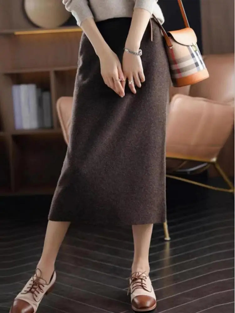 Korean Women Fashion Black Office Lady High Waist Knitted Skirts Autumn Winter New Brown Vacation Long Straight Skirt Simplicity