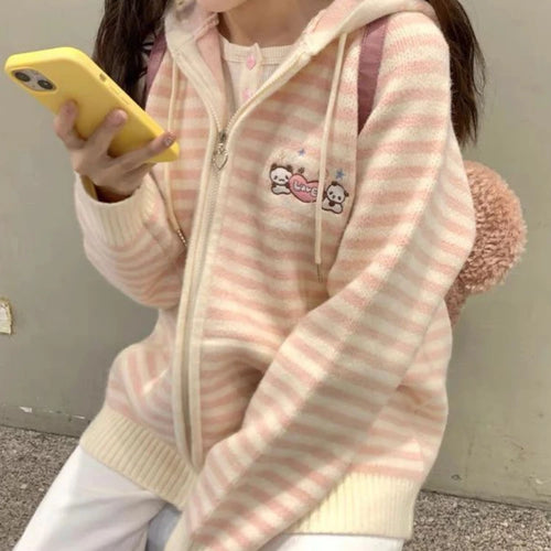 Load image into Gallery viewer, Japanese Sweet Striped Contrast Color Sweaters Knitted Zipper Casual Preppy Cardigans Streetwear Fashion Loose Y2k Hooded Coats
