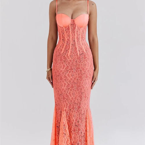 Load image into Gallery viewer, Floral Lace Sexy Maxi Dress For Women Orange Spaghetti Strap Sleeveless Backless Bodycon Club Party Long Dress Elegant
