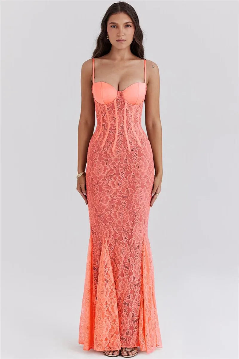 Floral Lace Sexy Maxi Dress For Women Orange Spaghetti Strap Sleeveless Backless Bodycon Club Party Long Dress Elegant