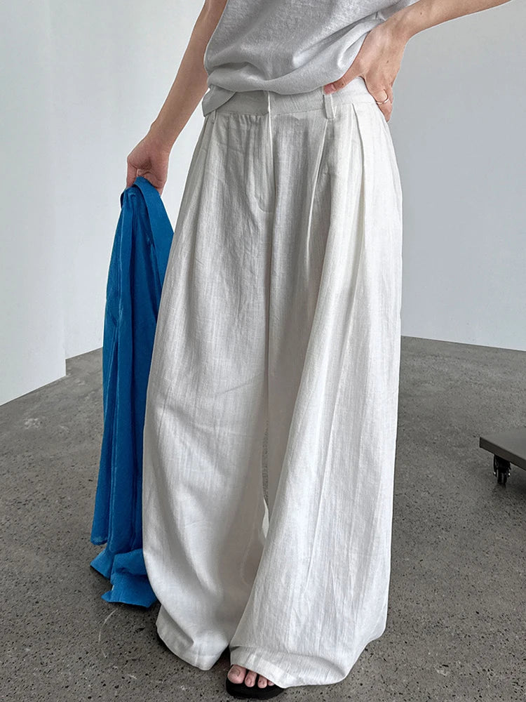 High Waist White Linen Thin Pleated Casual Long Wide Leg Pants New Trousers Women Fashion Tide Spring Autumn 2025 1DJ1299