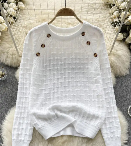 Autumn Winter White Long Sleeved Versatile Button Sweater Vintage Sweet Bow Pink O Neck Knitted Loose Pullover Tops Women Simple