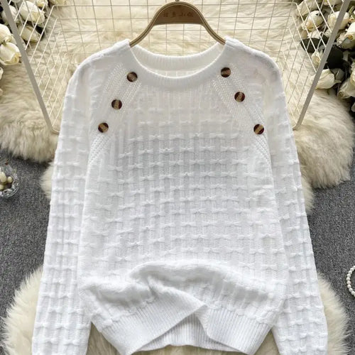 Load image into Gallery viewer, Autumn Winter White Long Sleeved Versatile Button Sweater Vintage Sweet Bow Pink O Neck Knitted Loose Pullover Tops Women Simple
