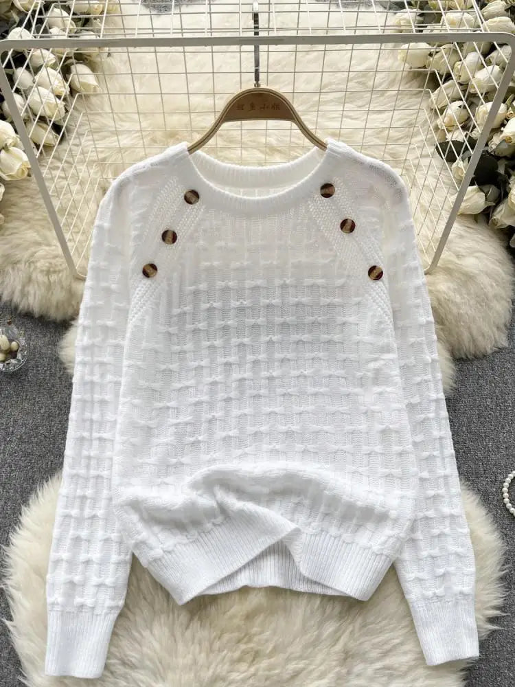Autumn Winter White Long Sleeved Versatile Button Sweater Vintage Sweet Bow Pink O Neck Knitted Loose Pullover Tops Women Simple