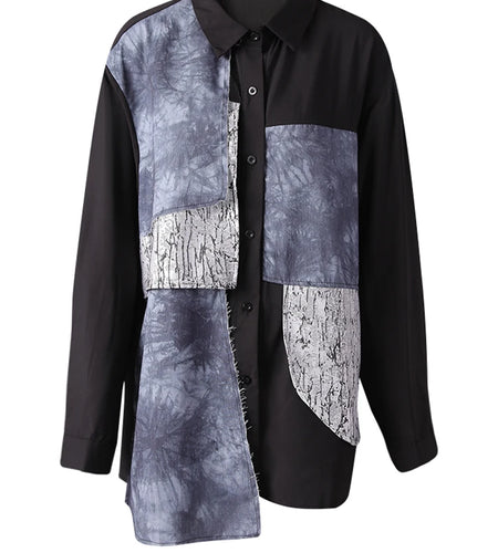 Women Black Printed Patch Spliced Big Size Blouse New Lapel Long Sleeve Shirt Fashion Tide Spring Autumn 2025 21F3676