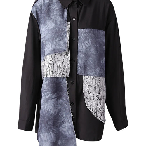 Load image into Gallery viewer, Women Black Printed Patch Spliced Big Size Blouse New Lapel Long Sleeve Shirt Fashion Tide Spring Autumn 2025 21F3676
