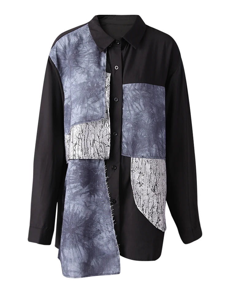 Women Black Printed Patch Spliced Big Size Blouse New Lapel Long Sleeve Shirt Fashion Tide Spring Autumn 2025 21F3676