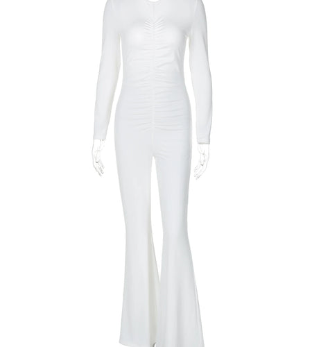 Solid Long Sleeve Backless Button Ruched Sexy Bodycon Flare Pants Jumpsuit Women Outfits Party Festival Romper Overalls