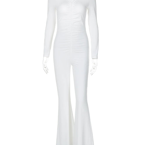 Load image into Gallery viewer, Solid Long Sleeve Backless Button Ruched Sexy Bodycon Flare Pants Jumpsuit Women Outfits Party Festival Romper Overalls
