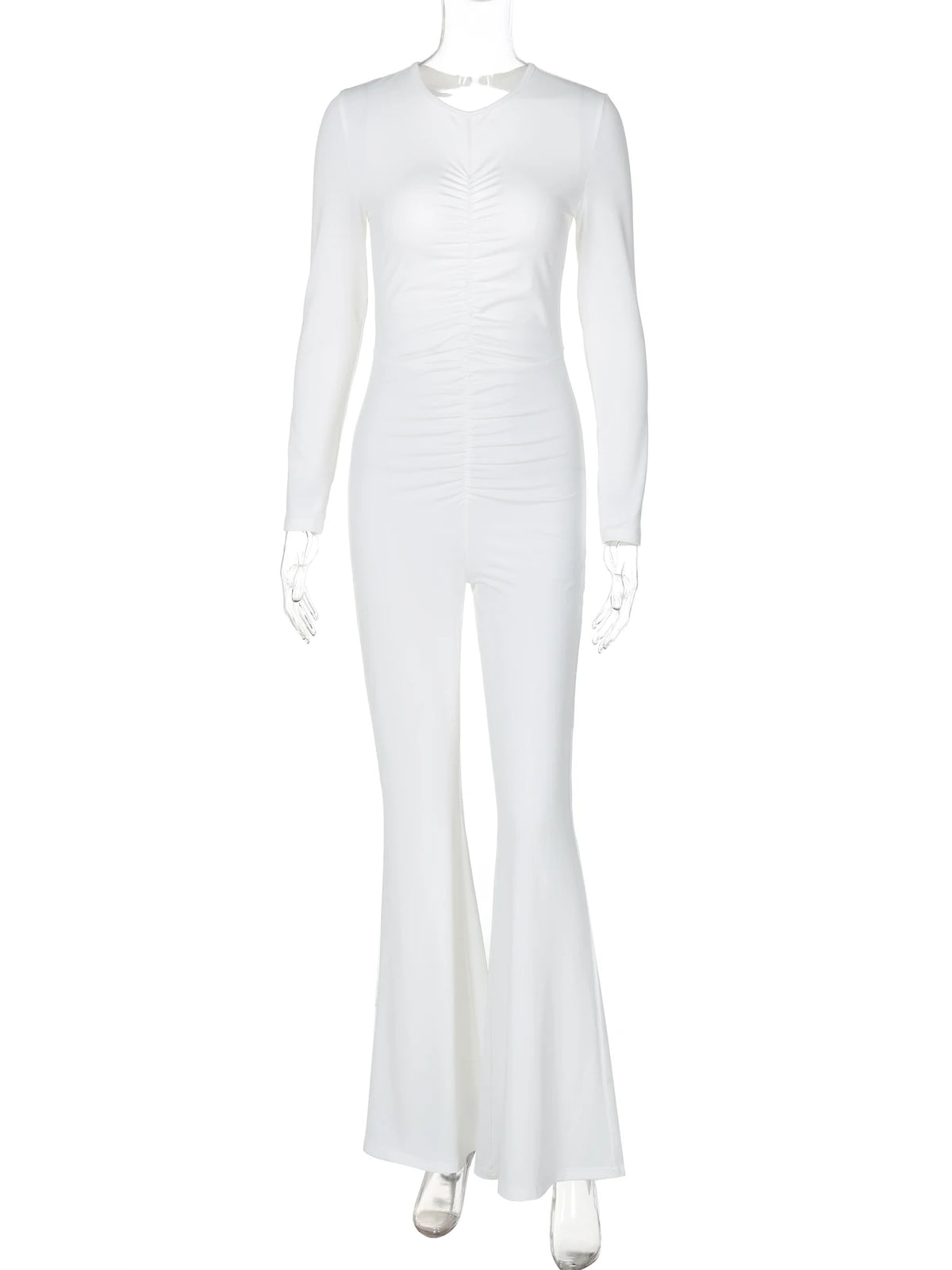 Solid Long Sleeve Backless Button Ruched Sexy Bodycon Flare Pants Jumpsuit Women Outfits Party Festival Romper Overalls