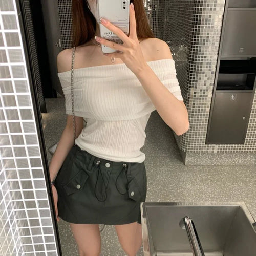 Load image into Gallery viewer, Slash Neck Short Sleeve Y2k Aesthetic T-Shirts Women Chic Off Shoulder Slim Tshirts Summer Fashion Casual Bottoming Tee Shirts
