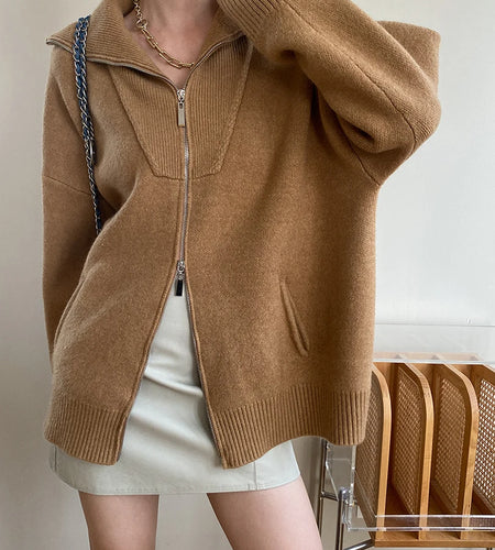 Camel Big Size Thick Elegant Knitting Cardigan Sweater Lapel Long Sleeve Women New Fashion Tide Spring Autumn 2025 26D55