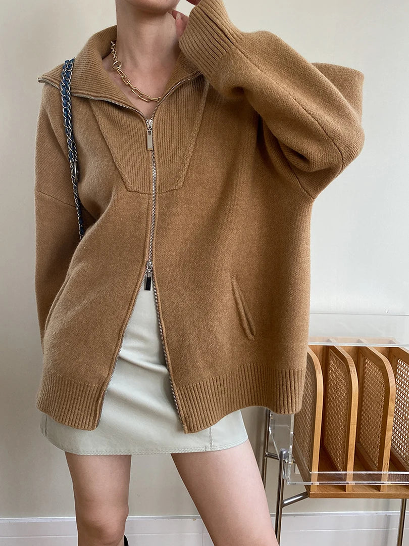 Camel Big Size Thick Elegant Knitting Cardigan Sweater Lapel Long Sleeve Women New Fashion Tide Spring Autumn 2025 26D55
