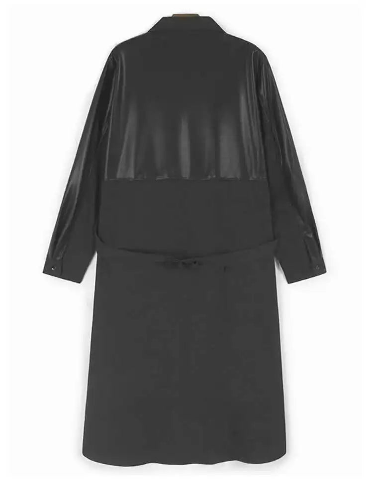 Women Black Pu Leather Vest False Two Big Size Shirt Dress New Lapel Long Sleeve Fashion Tide Spring Autumn 2025 1DH9653