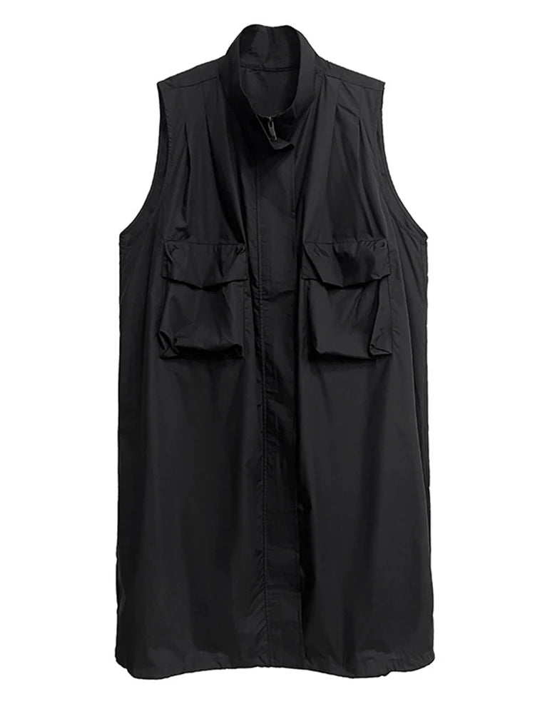Women Green Pocket Hem Drawstring Big Size Vest Dress New Stand Collar Sleeveless Fashion Tide Spring Autumn 2025 1DJ0147