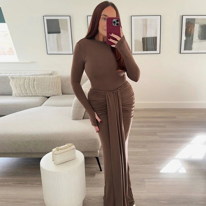 Ruched Draped Sexy Maxi Dress For Women Fashion O Neck Long Sleeve Bodycon Club Party Long Dress Female Elegant Dresses