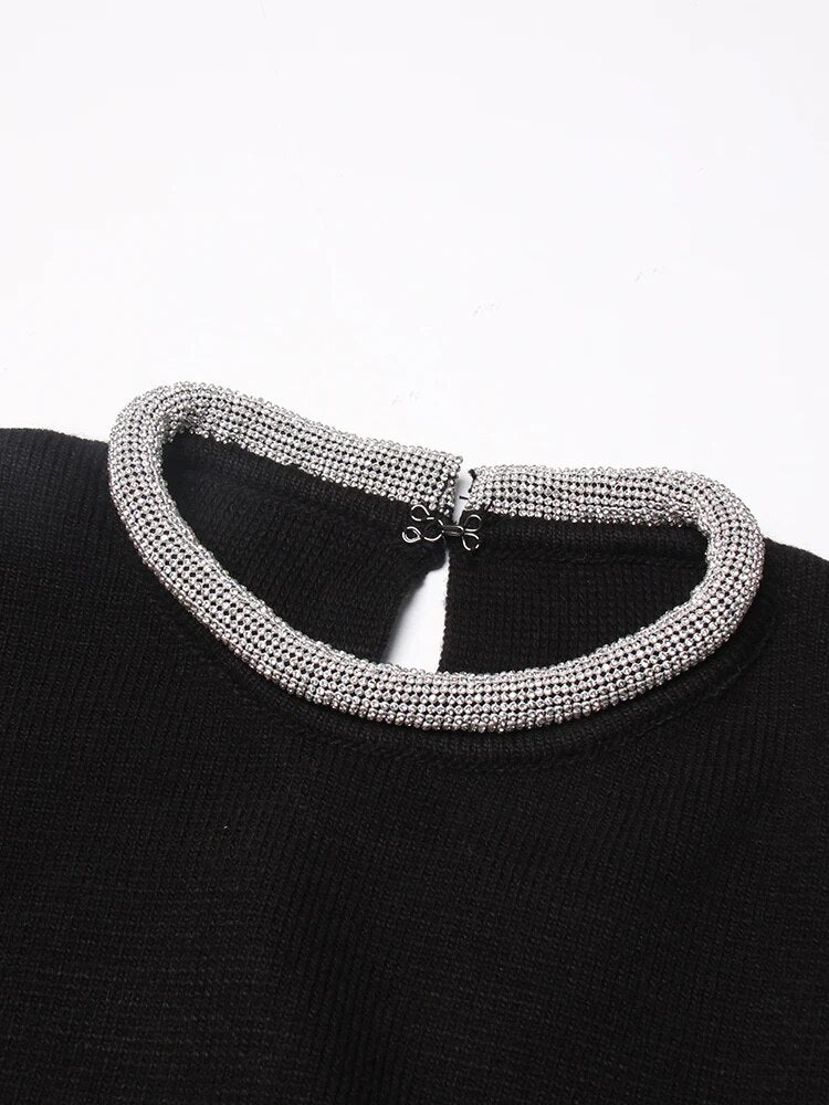 Fashion Diamonds Solid Sweater For Women Round Neck Long Sleeve Minimalist Casual Sweaters Female Clothing Autumn