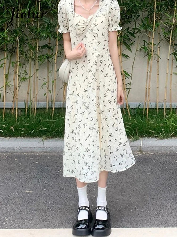 French Style Puff Sleeve White Floral Dress Summer Elegant Slim Printed Women’s Dresses Sweet Casual Fashion Streetwear