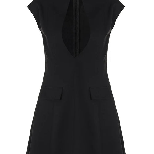 Load image into Gallery viewer, Black Sleeveless Sexy Mini Dress For Women Fashion Zipper Deep V Neck Two Pocket A-line Night Club Party Dress Elegant
