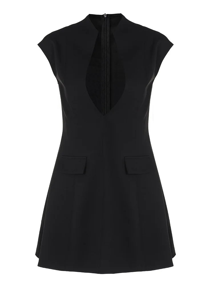 Black Sleeveless Sexy Mini Dress For Women Fashion Zipper Deep V Neck Two Pocket A-line Night Club Party Dress Elegant