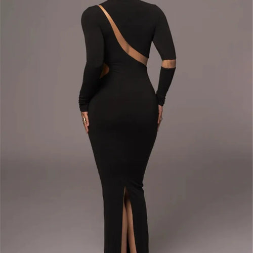 Load image into Gallery viewer, Turtleneck Long Sleeve Bodycon Maxi Dress For Women Autumn New Patchwork Hollow Out Club Party Sexy Long Dress Vestidos
