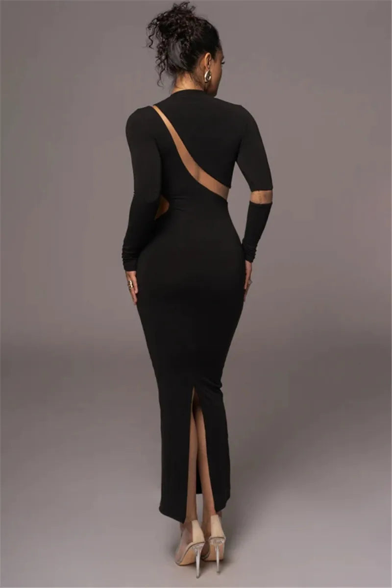 Turtleneck Long Sleeve Bodycon Maxi Dress For Women Autumn New Patchwork Hollow Out Club Party Sexy Long Dress Vestidos