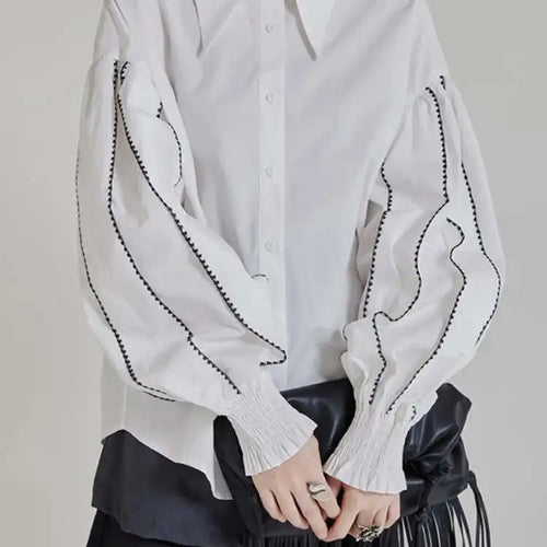 Load image into Gallery viewer, Women White Color-block Elegant Blouse New Lapel Long Lantern Sleeve Shirt Fashion Tide Spring Autumn 2025 1DH9890
