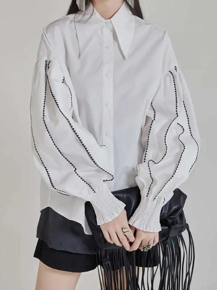 Women White Color-block Elegant Blouse New Lapel Long Lantern Sleeve Shirt Fashion Tide Spring Autumn 2025 1DH9890