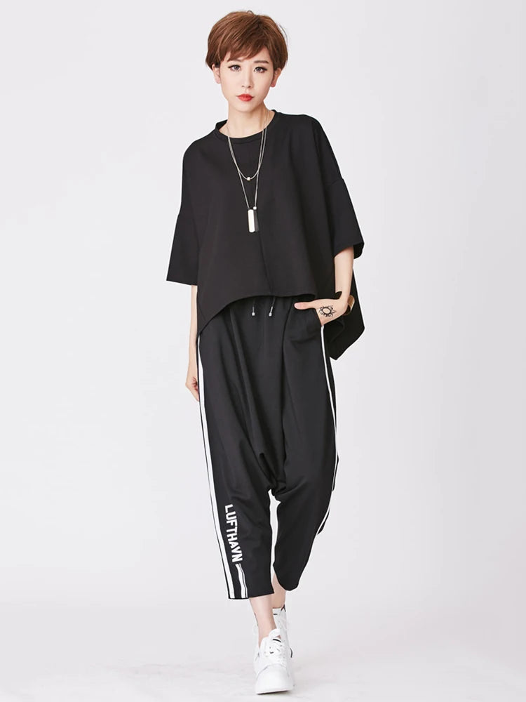 Women Black Back Zipper Irregular Big Size T-shirt New Round Neck Half Sleeve Fashion Tide Spring Summer 2025 1DJ1876