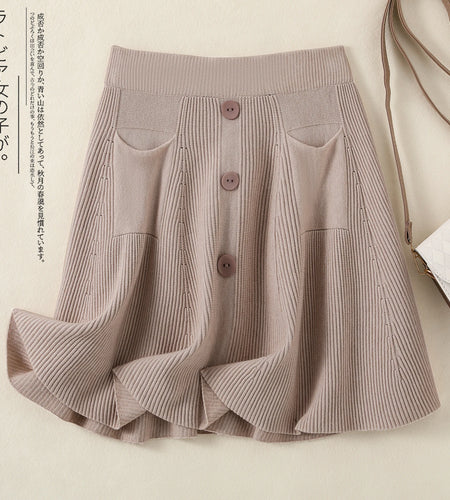 Autumn Winter Solid Slim Single Breasted Knitted Mini Pleated Skirts Women's Elastic High Waist A-line Short Skirt Sexy Club New