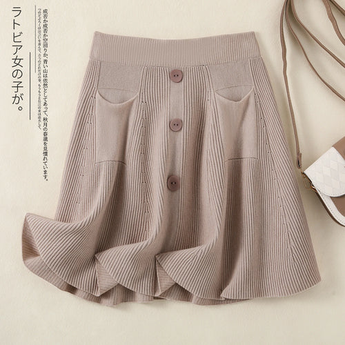 Load image into Gallery viewer, Autumn Winter Solid Slim Single Breasted Knitted Mini Pleated Skirts Women's Elastic High Waist A-line Short Skirt Sexy Club New
