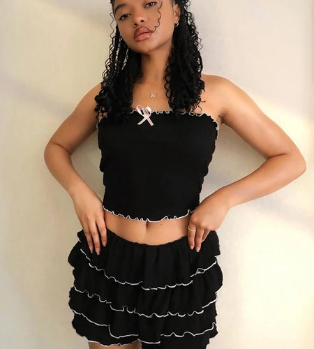 Fashion 2 Pcs Sets Black Bow Strapless Sexy Crop Tank Top Pleated Skirts Summer Women Y2K Clothes Birthday Party Festiv