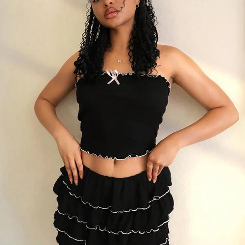 Load image into Gallery viewer, Fashion 2 Pcs Sets Black Bow Strapless Sexy Crop Tank Top Pleated Skirts Summer Women Y2K Clothes Birthday Party Festiv
