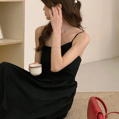 Load image into Gallery viewer, Summer Black Spaghetti Strap Women&#39;s Dresses French Style Backless Ruffles Sleeveless V-neck Solid Color Female Dresses
