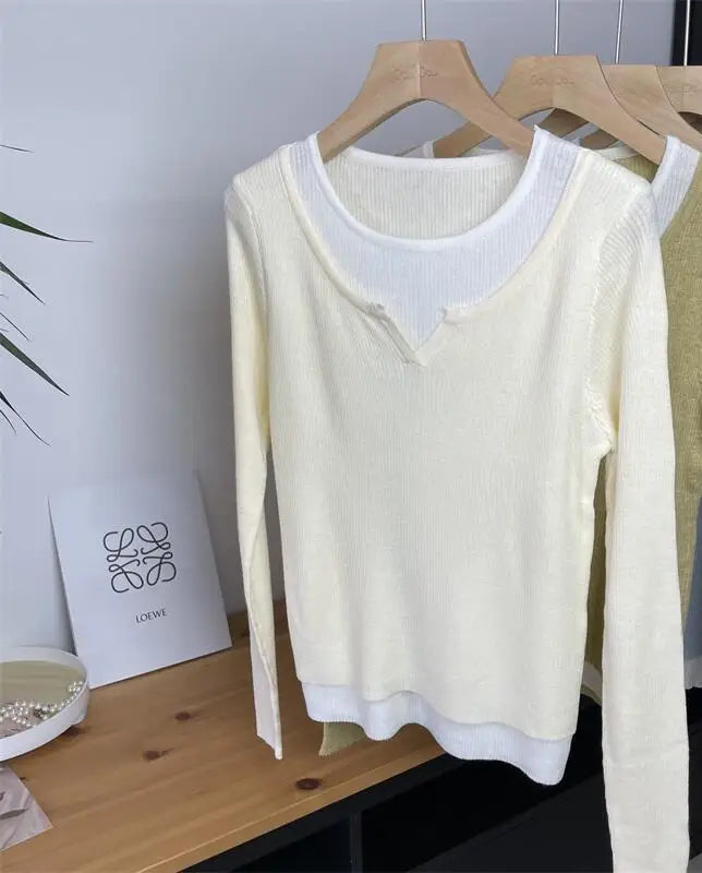 Autumn Winter Women's Patchwork Long Sleeved Pullover Sweater French Casual Round Neck Holiday Knitwear Tops 2024 New Streetwear