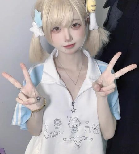 Japanese Preppy Style Cartoon Print T-shirt Summer Contrast Color Patchwork Grunge Tops Harajuku Stand Neck Zipper Loose Tshirts