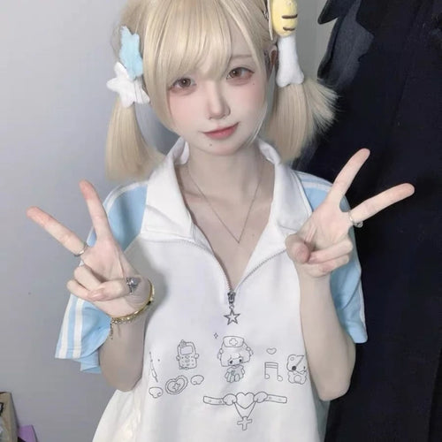 Load image into Gallery viewer, Japanese Preppy Style Cartoon Print T-shirt Summer Contrast Color Patchwork Grunge Tops Harajuku Stand Neck Zipper Loose Tshirts
