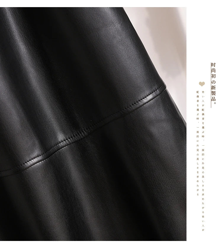 Fashion Black Elegant Pu Leather Pleated Long Skirt Women's Brown Elegant High Waist Plus Size A-line Party Skirt Femme New
