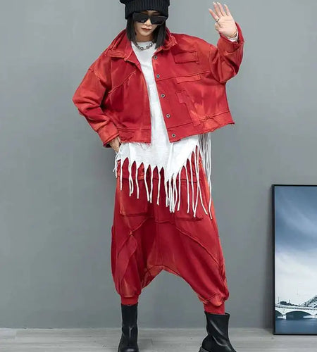 Big Size Red Short Jacket Pocket Cross Pants Two Piece Suit New Lapel Long Sleeve Women Fashion Tide Spring Autumn 2025