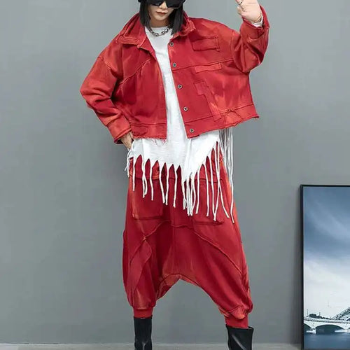 Load image into Gallery viewer, Big Size Red Short Jacket Pocket Cross Pants Two Piece Suit New Lapel Long Sleeve Women Fashion Tide Spring Autumn 2025
