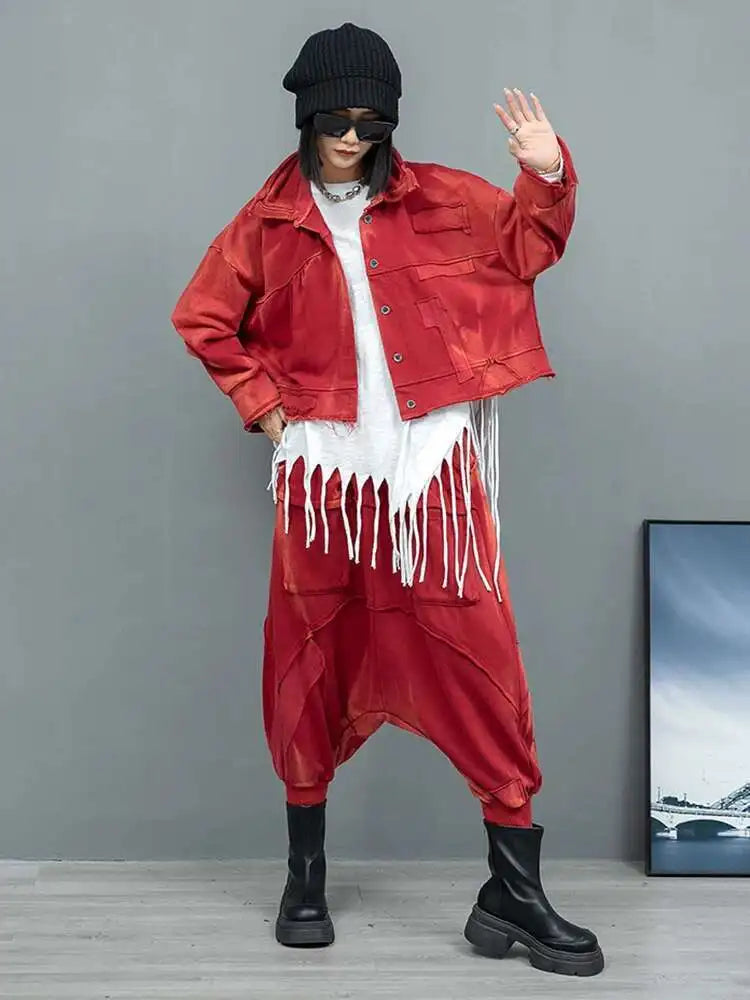 Big Size Red Short Jacket Pocket Cross Pants Two Piece Suit New Lapel Long Sleeve Women Fashion Tide Spring Autumn 2025