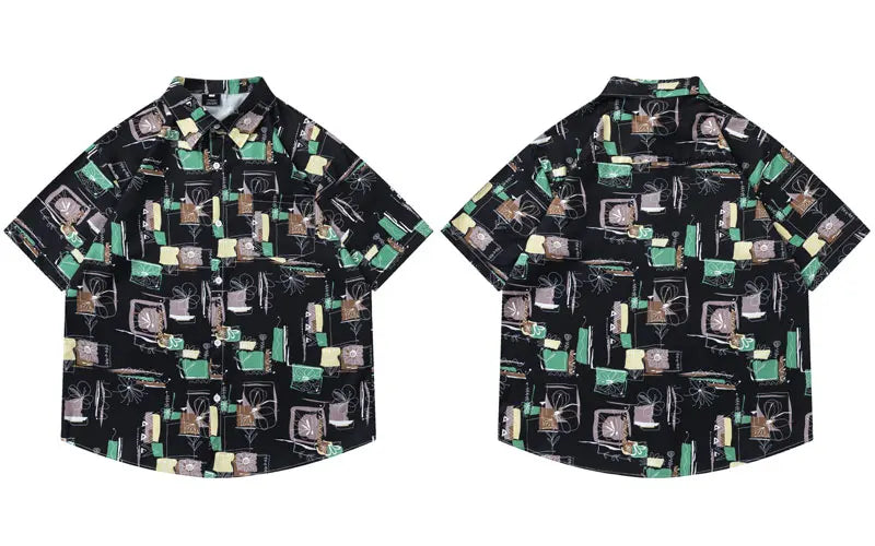 Summer Hawaiian Shirt Harajuku Graffiti Graphic Printed Button Up Beach Blouse Men Hip Hop Casual Baggy Short Sleeve Shirts Tops