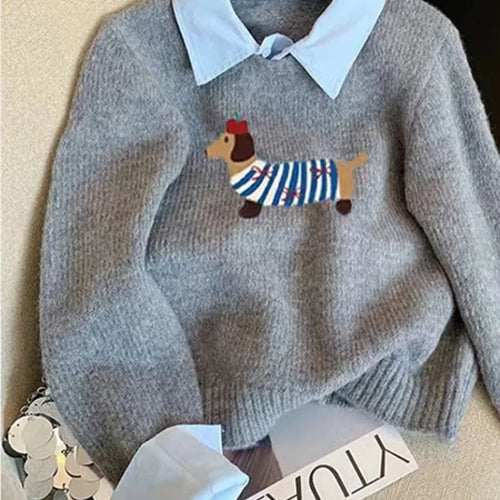 Load image into Gallery viewer, Korean Gray Elegant Embroidery Pullover Sweater 2024 Autumn Winter Women Holiday Long Sleeve Knitwear Casual Tops Fashion Trend
