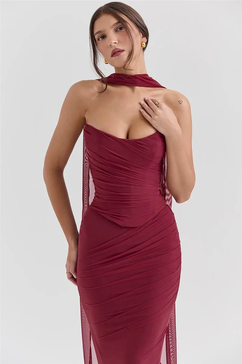 Wine Red Sexy Two Piece Sets Women Neckerchief Strapless Crop Tops And Maxi Skirt Sets Club Party Skirt Two Piece Sets