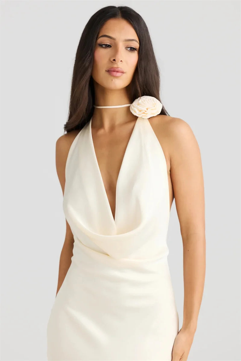 Satin Halter Backless Sexy Maxi Dress Women Gown Elegant Solid Sleeveless Lace-up High Waist Evening Club Long Dress