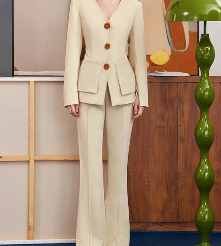 Slimming Temperament Two Piece Sets for Women V Neck Long Sleeves Spliced Button Blazer High Waist Pant Set Female