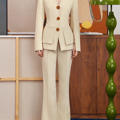 Load image into Gallery viewer, Slimming Temperament Two Piece Sets for Women V Neck Long Sleeves Spliced Button Blazer High Waist Pant Set Female
