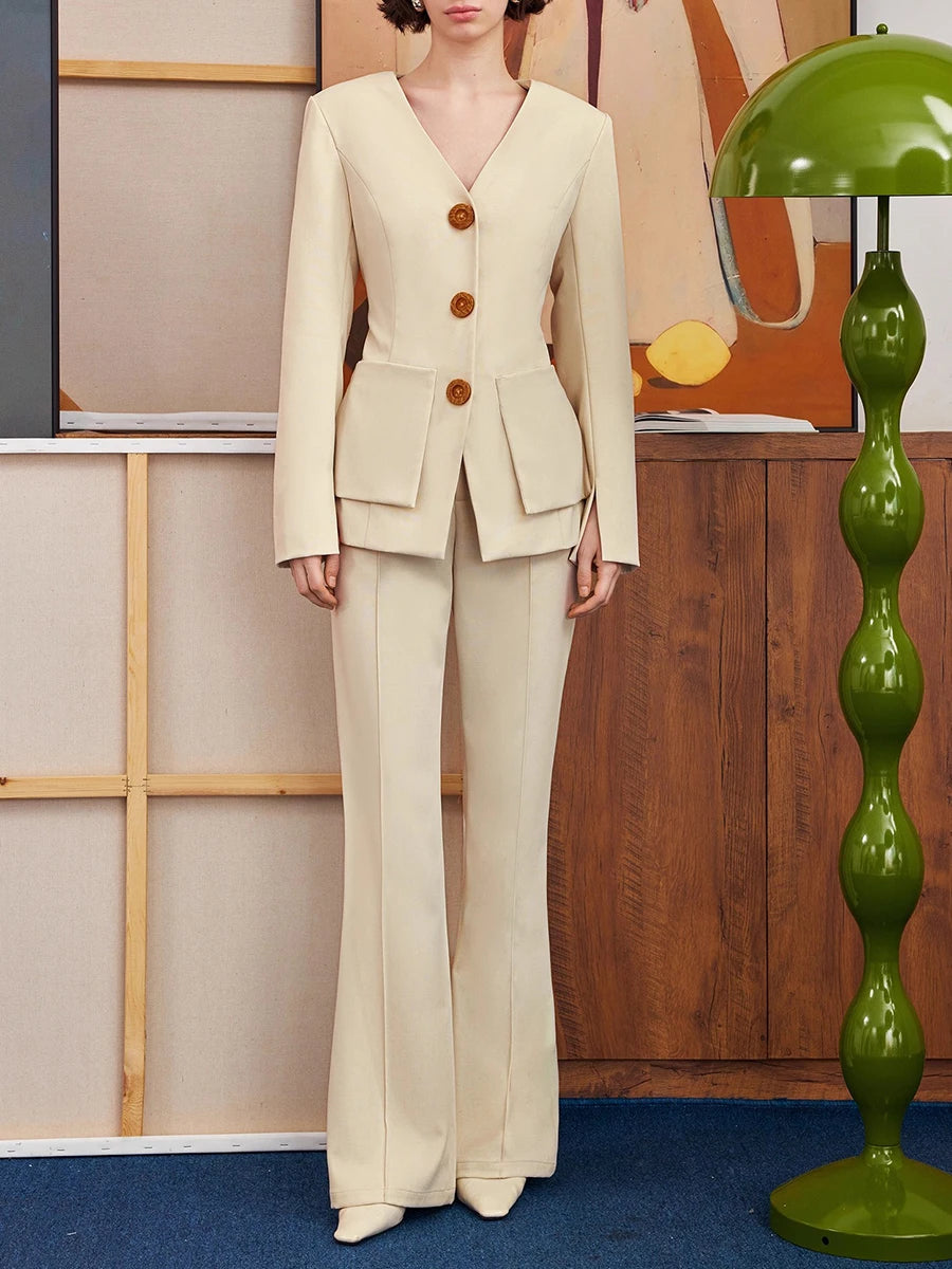 Slimming Temperament Two Piece Sets for Women V Neck Long Sleeves Spliced Button Blazer High Waist Pant Set Female