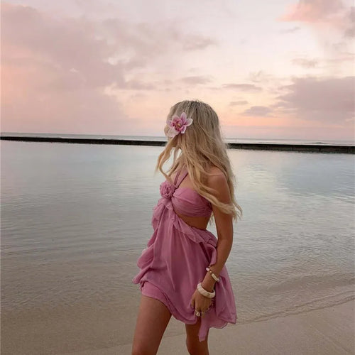 Load image into Gallery viewer, Rose Halter Backless Sexy Mini Dress Women Pink Off-shoulder Strapless Sleeveless High Waist Club Party Beach Dress
