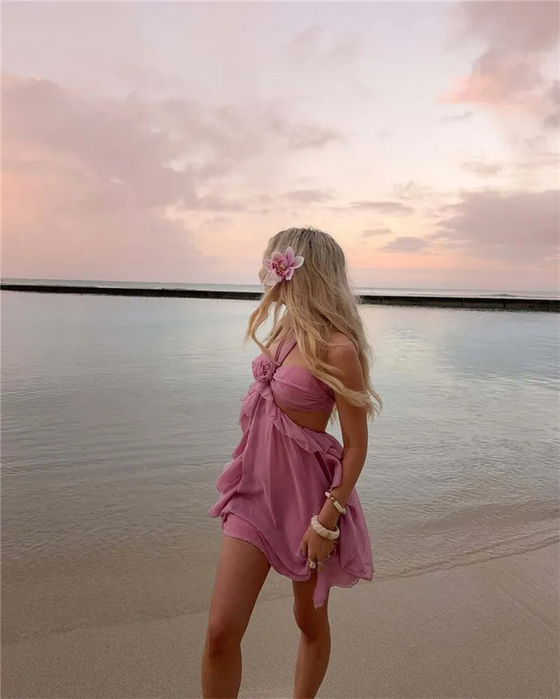 Rose Halter Backless Sexy Mini Dress Women Pink Off-shoulder Strapless Sleeveless High Waist Club Party Beach Dress